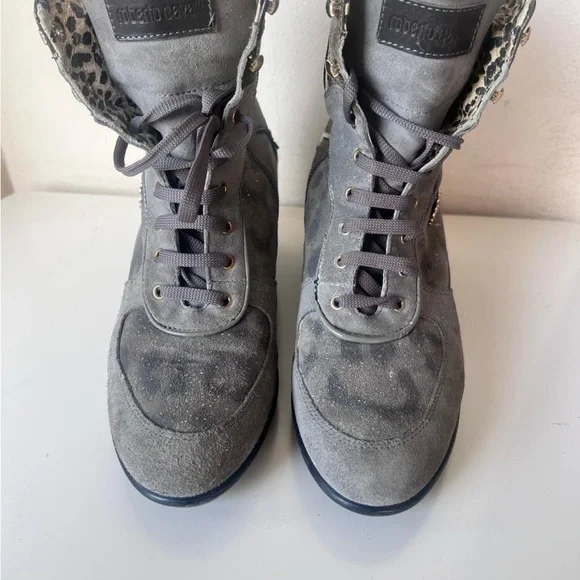 Roberto Cavalli Gray and Brown Lace Up Boots with Suede Finish